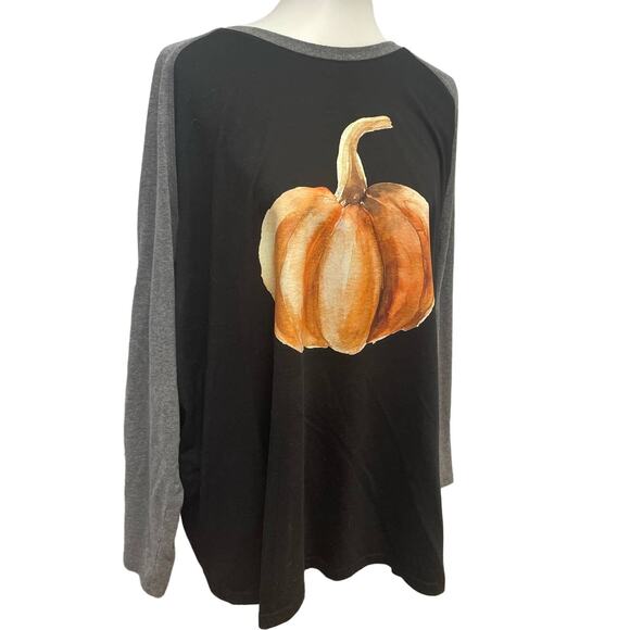 Hand Printed 3XL Upcycled Long Sleeve Giant Fall Pumpkin Cotton Blend Tee Shirt - Picture 1 of 4